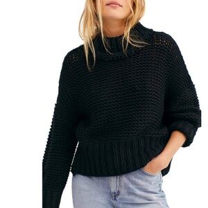 Free People My Only Sunshine Midnight Black Cowl Neck Chunky Sweater Cotton S.